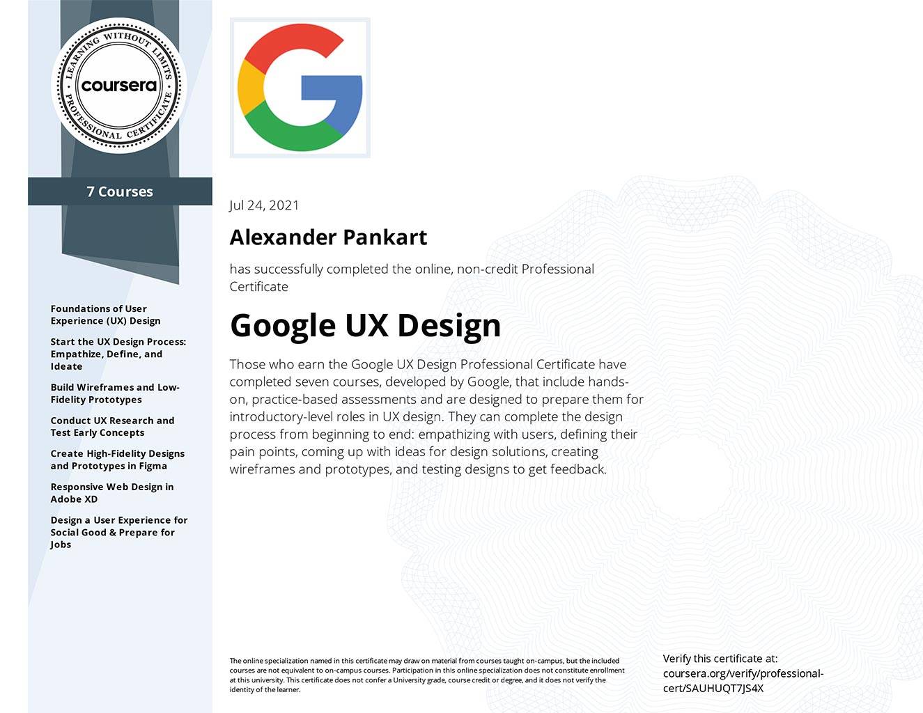 Pankart Website Development - Zertifikate - Alexander Pankart Google UX Design Google UX Professional