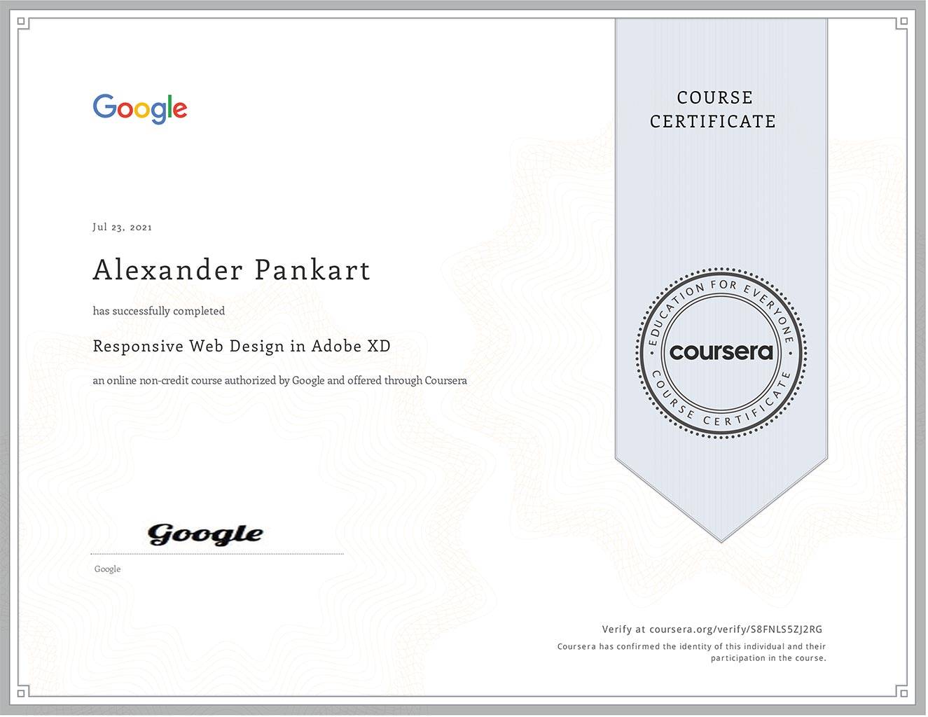 PANKART - Zertifikate - Alexander Pankart Responsive Web Design in Adobe XD Google UX Professional